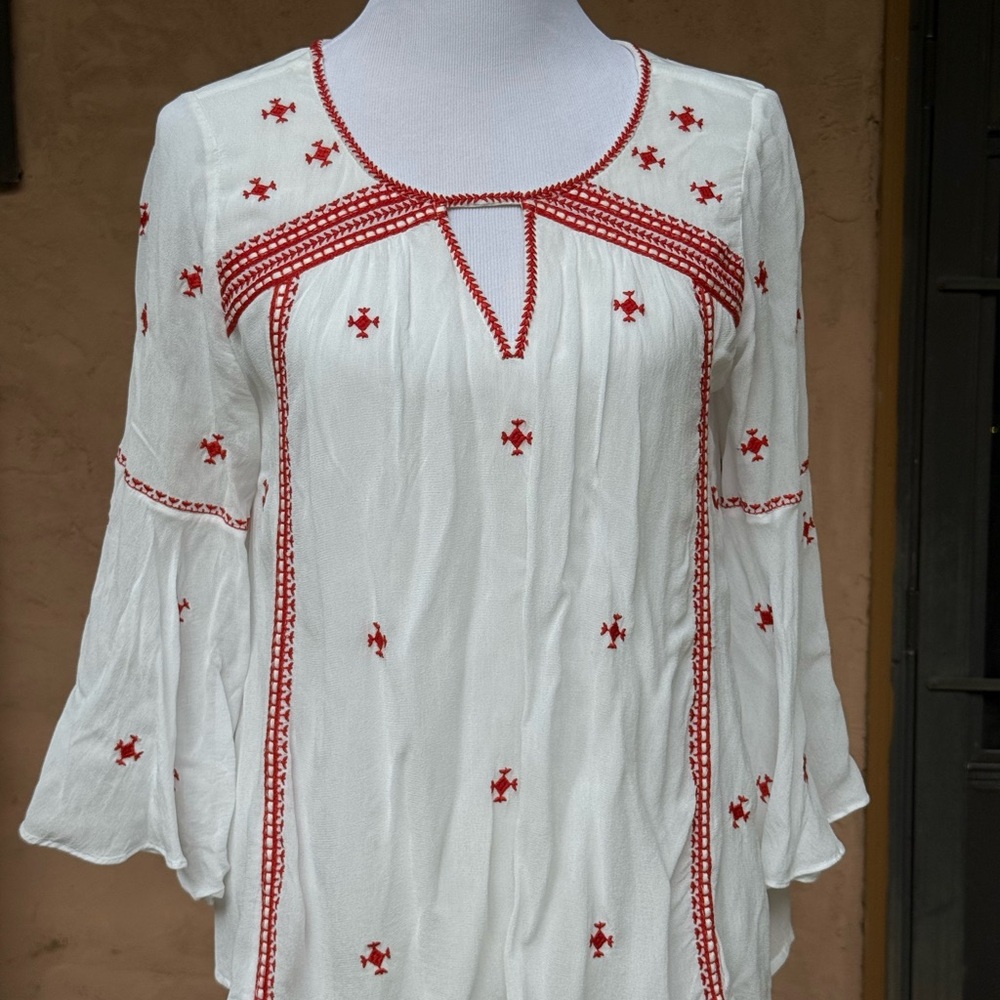 Embroidered White and Red Anthro Blouse